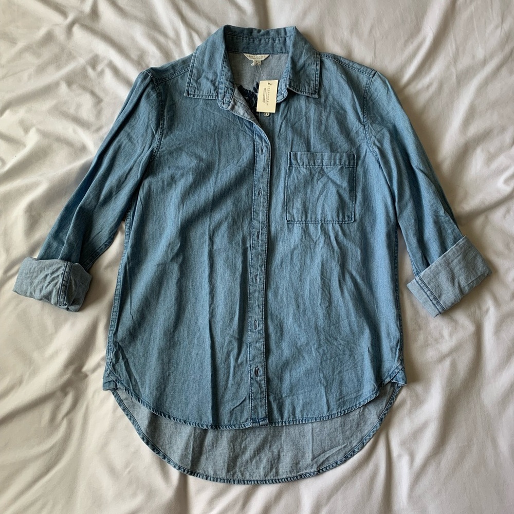 Blue Chambray Shirt With Lace Appliqué Detail